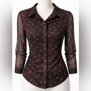Madewell Black and Red Floral Sheer Button Down Shirt Size Medium